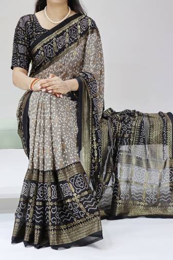 grey color bandhni printed with foil work moss art silk  saree with unstitched blouse
