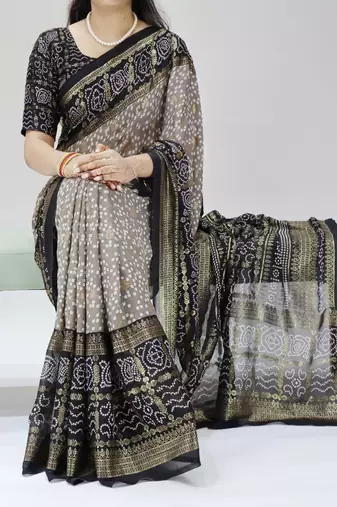 grey color bandhni printed with foil work moss art silk  saree with unstitched blouse
