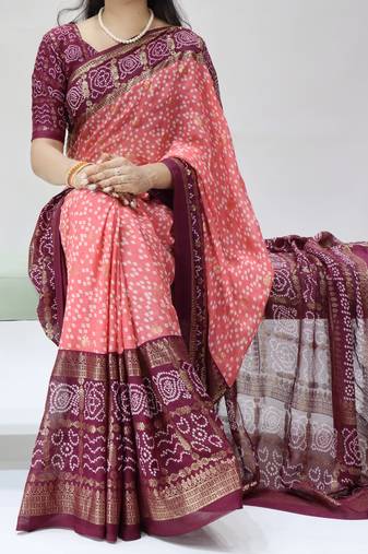 pink color bandhni printed with foil work moss art silk  saree with unstitched blouse