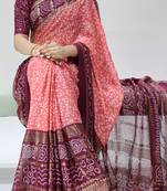 pink color bandhni printed with foil work moss art silk  saree with unstitched blouse