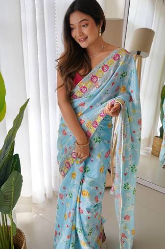 Sky Blue Color Embroidered Chinon Silk Saree