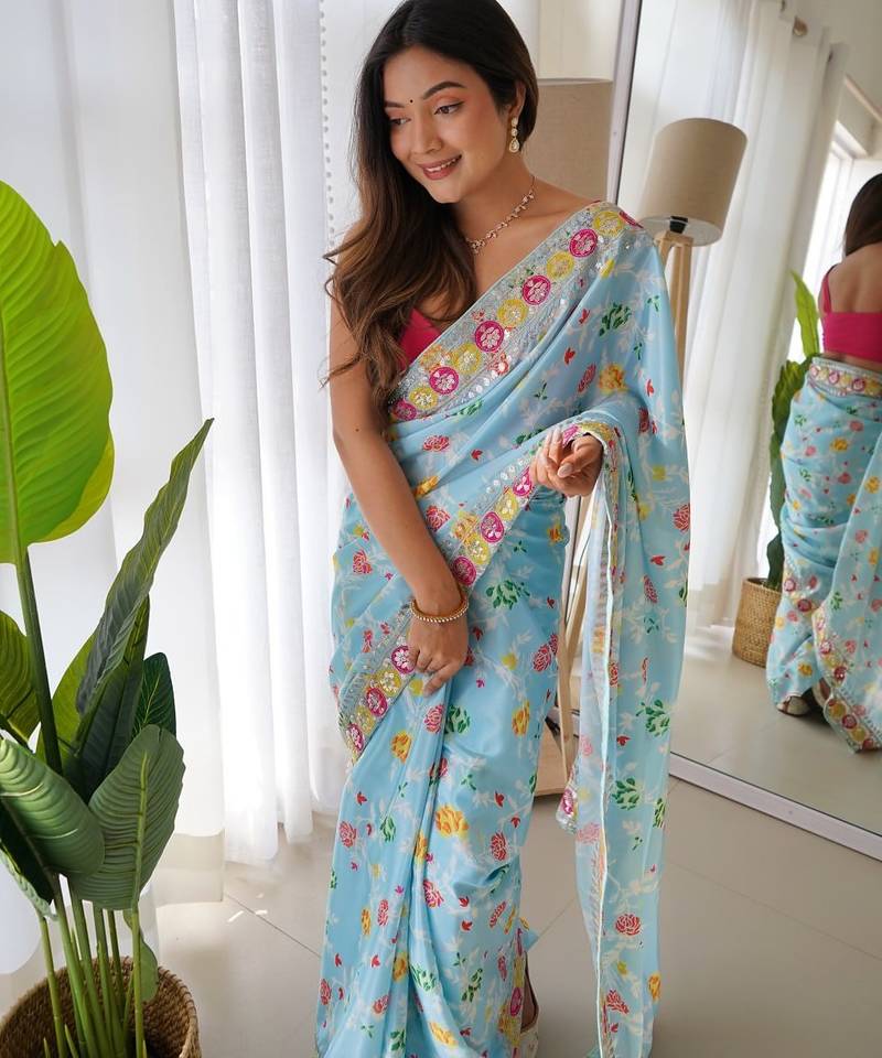 Sky Blue Color Embroidered Chinon Silk Saree