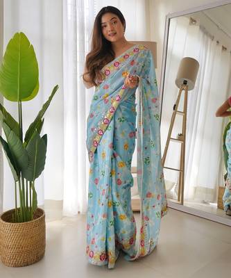Sky Blue Color Embroidered Chinon Silk Saree 2