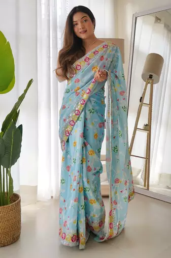 Sky Blue Color Embroidered Chinon Silk Saree