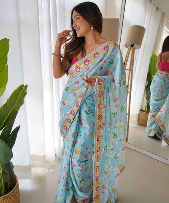 Sky Blue Color Embroidered Chinon Silk Saree 3