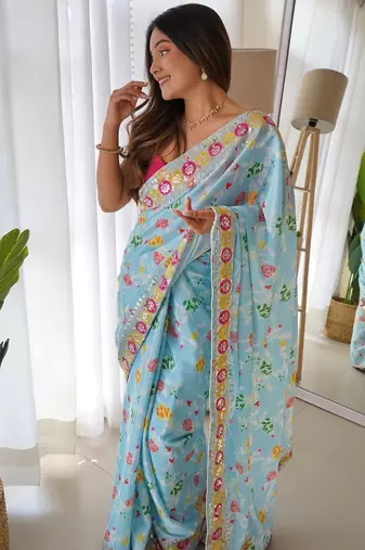 Sky Blue Color Embroidered Chinon Silk Saree
