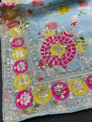 Sky Blue Color Embroidered Chinon Silk Saree 5