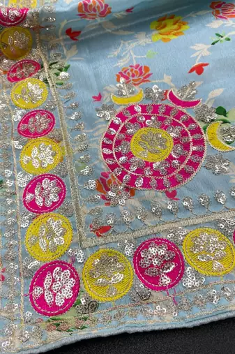 Sky Blue Color Embroidered Chinon Silk Saree