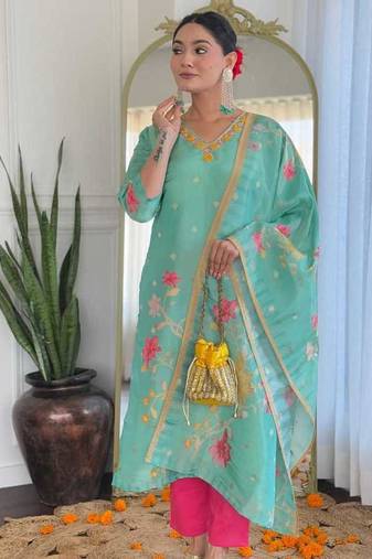 Floral embroidered sea-green v neck chinon kurta set with trouser & dupatta