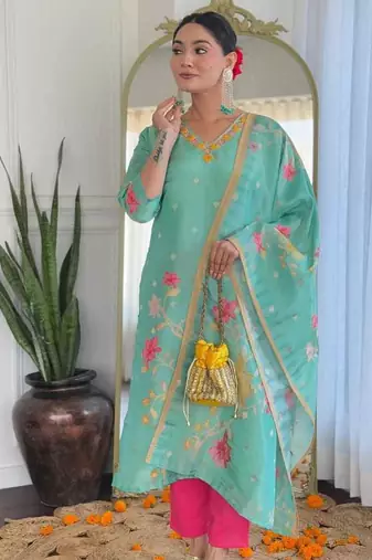 Floral embroidered sea-green v neck chinon kurta set with trouser & dupatta