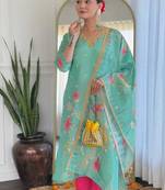 Floral embroidered sea-green v neck chinon kurta set with trouser & dupatta