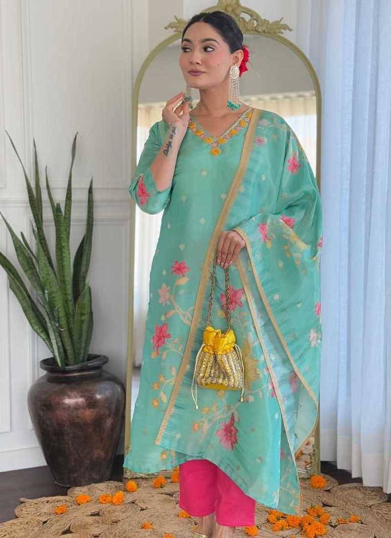 Floral embroidered sea-green v neck chinon kurta set with trouser & dupatta