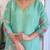 Floral embroidered sea-green v neck chinon kurta set with trouser & dupatta