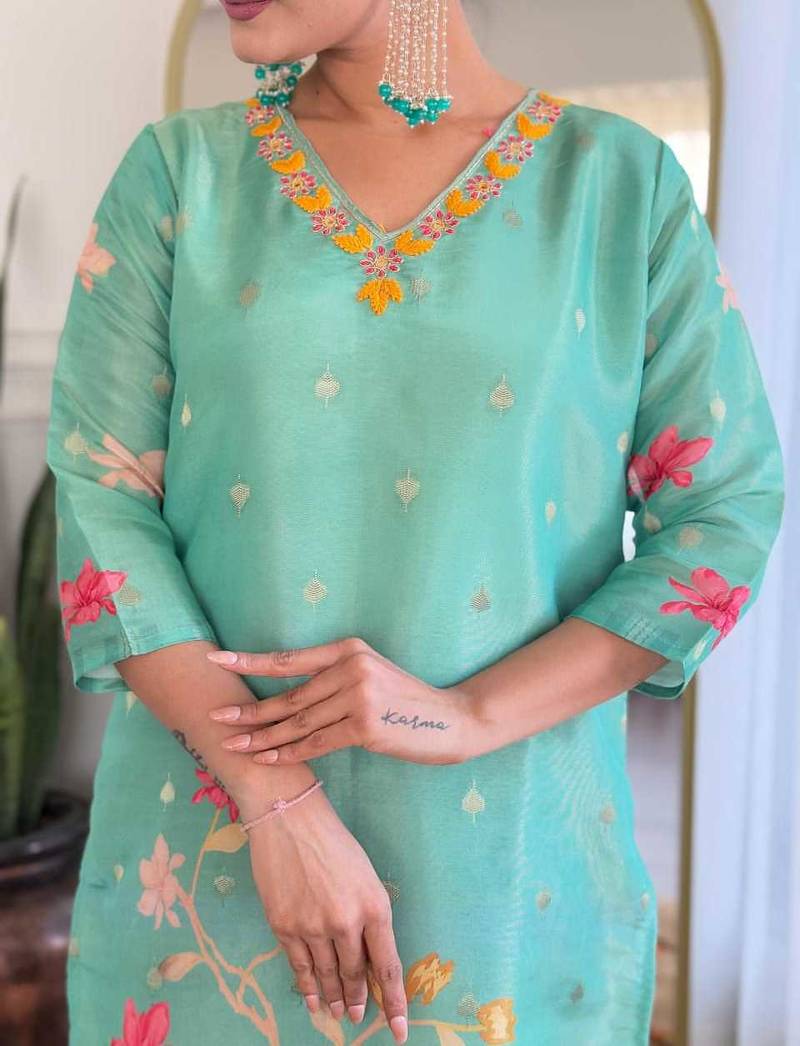 Floral embroidered sea-green v neck chinon kurta set with trouser & dupatta