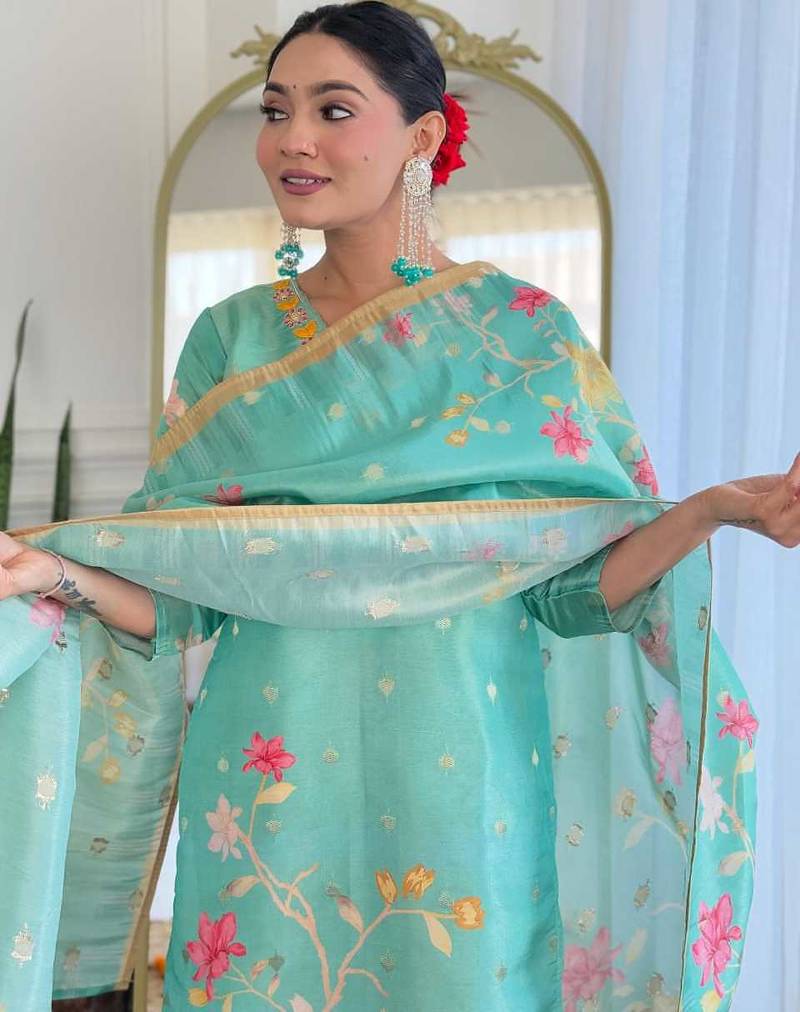 Floral embroidered sea-green v neck chinon kurta set with trouser & dupatta