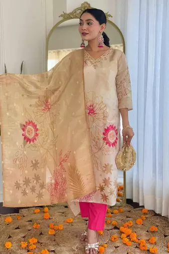 Floral embroidered beige v neck chinon kurta set with trouser & dupatta