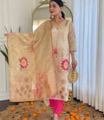 Floral embroidered beige v neck chinon kurta set with trouser & dupatta