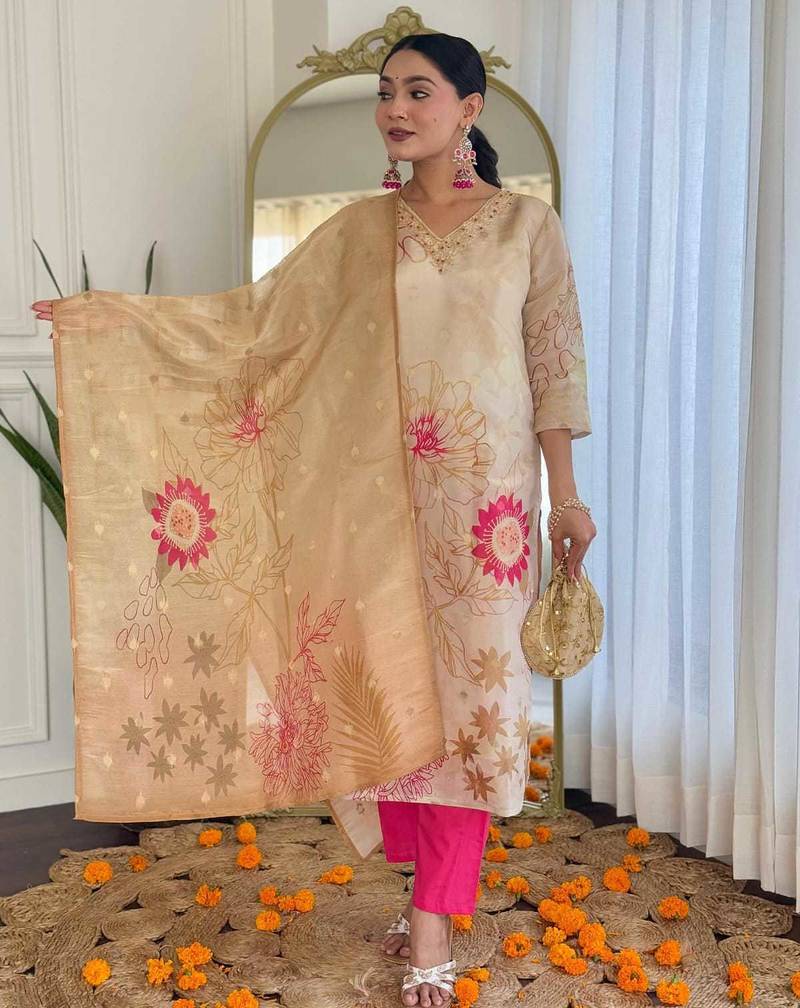 Floral embroidered beige v neck chinon kurta set with trouser & dupatta