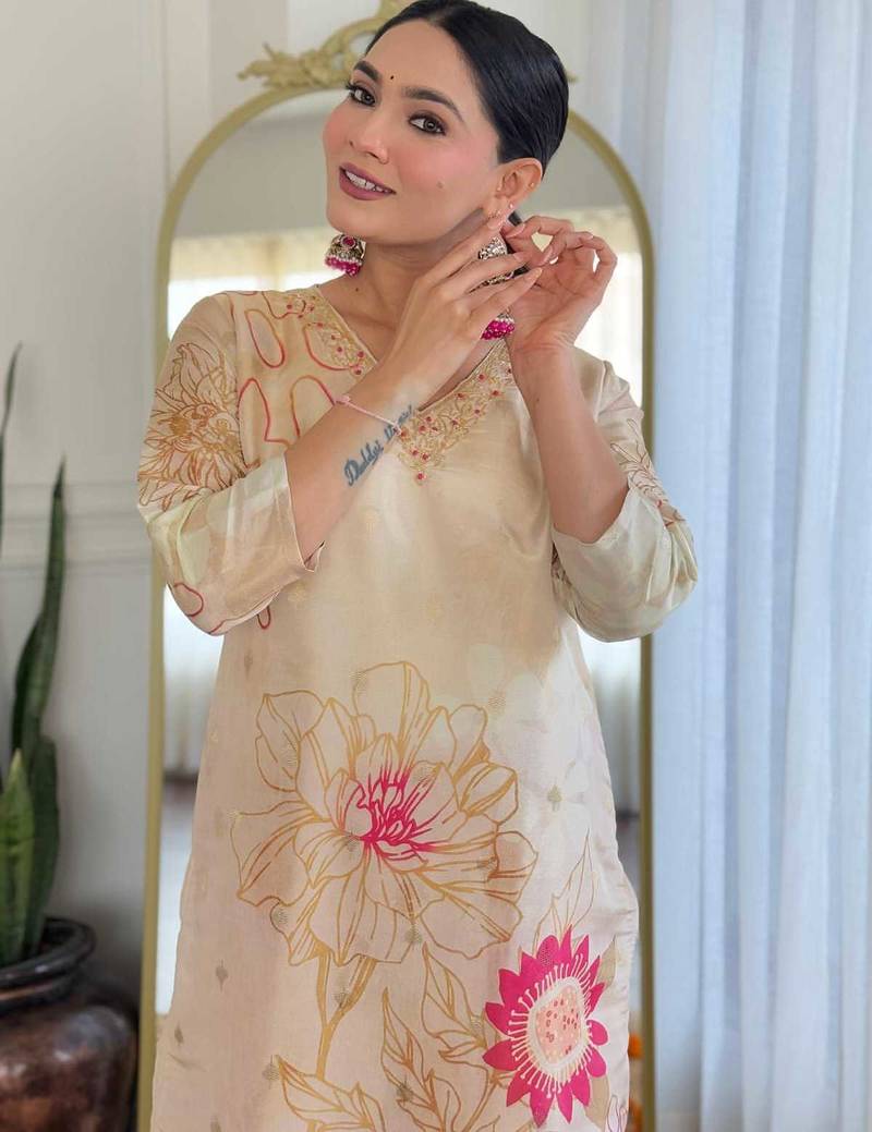 Floral embroidered beige v neck chinon kurta set with trouser & dupatta