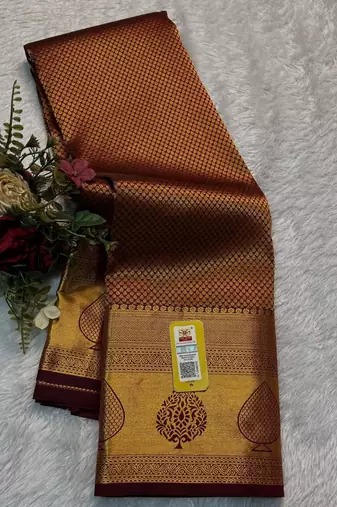 brown art silk saree with woven work