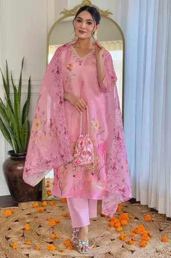 Floral embroidered pink v neck chinon kurta set with trouser & dupatta