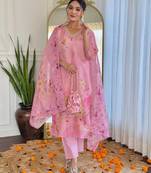 Floral embroidered pink v neck chinon kurta set with trouser & dupatta