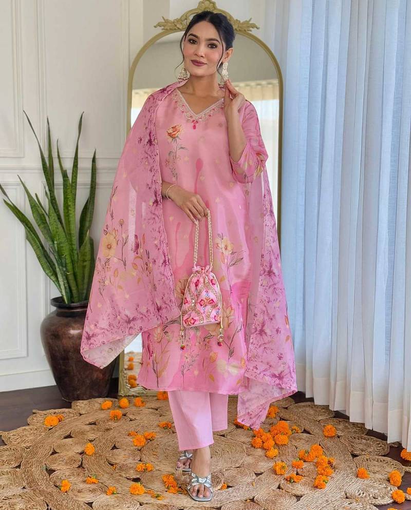 Floral embroidered pink v neck chinon kurta set with trouser & dupatta