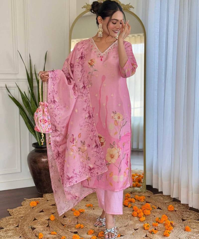 Floral embroidered pink v neck chinon kurta set with trouser & dupatta
