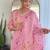 Floral embroidered pink v neck chinon kurta set with trouser & dupatta