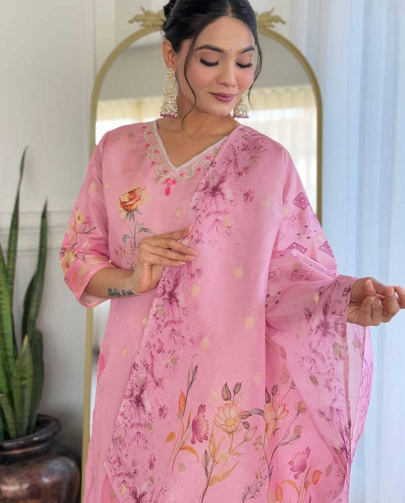 Floral embroidered pink v neck chinon kurta set with trouser & dupatta