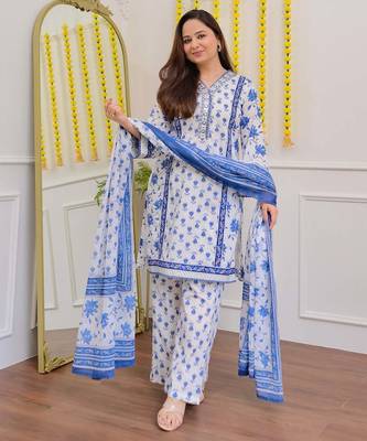 Floral embroidered blue v neck cotton kurta set with trouser & dupatta 1