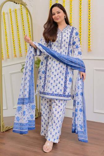 Floral embroidered blue v neck cotton kurta set with trouser & dupatta