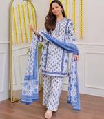 Floral embroidered blue v neck cotton kurta set with trouser & dupatta