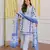 Floral embroidered blue v neck cotton kurta set with trouser & dupatta