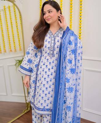 Floral embroidered blue v neck cotton kurta set with trouser & dupatta 2