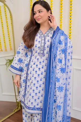 Floral embroidered blue v neck cotton kurta set with trouser & dupatta