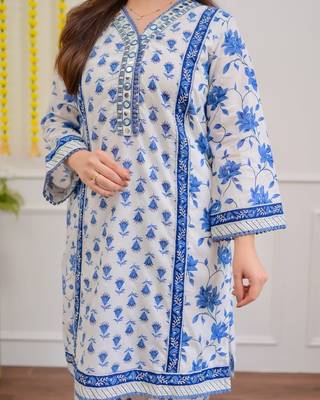 Floral embroidered blue v neck cotton kurta set with trouser & dupatta 3