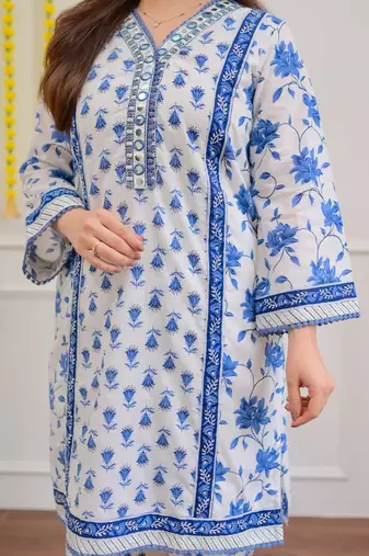 Floral embroidered blue v neck cotton kurta set with trouser & dupatta