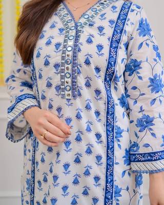 Floral embroidered blue v neck cotton kurta set with trouser & dupatta 4