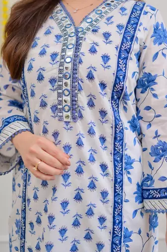 Floral embroidered blue v neck cotton kurta set with trouser & dupatta