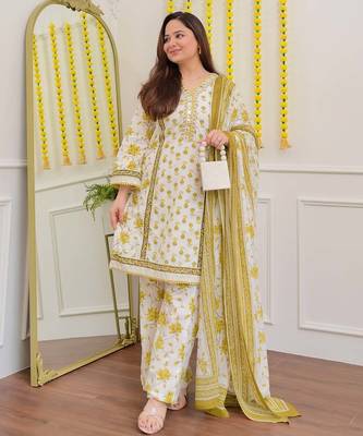 Floral embroidered yellow v neck cotton kurta set with trouser & dupatta 1