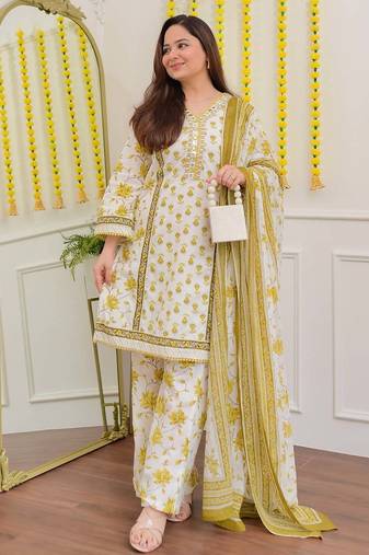 Floral embroidered yellow v neck cotton kurta set with trouser & dupatta