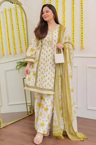 Floral embroidered yellow v neck cotton kurta set with trouser & dupatta