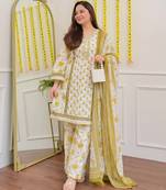 Floral embroidered yellow v neck cotton kurta set with trouser & dupatta