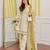 Floral embroidered yellow v neck cotton kurta set with trouser & dupatta