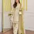 Floral embroidered yellow v neck cotton kurta set with trouser & dupatta