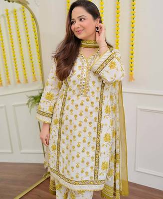 Floral embroidered yellow v neck cotton kurta set with trouser & dupatta 2