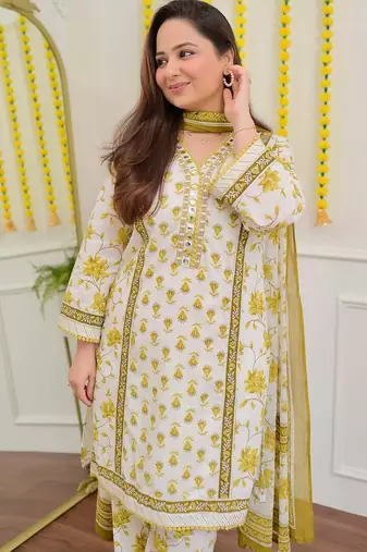 Floral embroidered yellow v neck cotton kurta set with trouser & dupatta