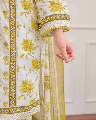 Floral embroidered yellow v neck cotton kurta set with trouser & dupatta 3