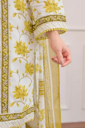 Floral embroidered yellow v neck cotton kurta set with trouser & dupatta